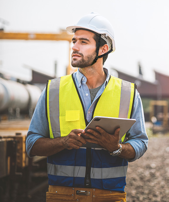 Railway engineer caucasian man are on duty and discussed by usin