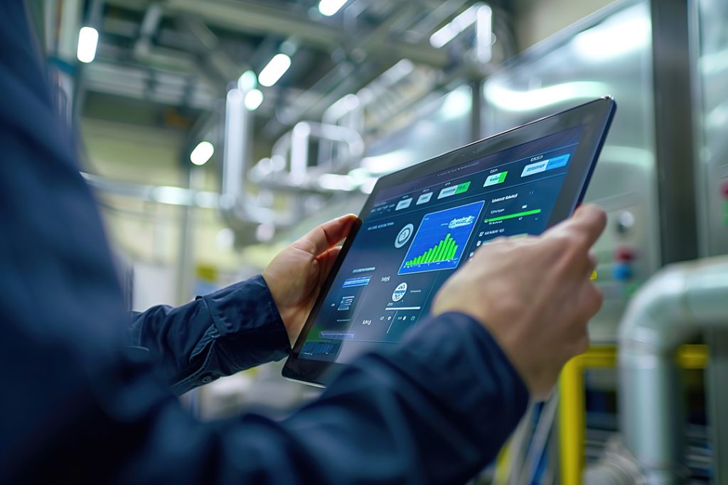 Facility manager monitoring smart building controls on touchscreen, optimizing HVAC and lighting, energy usage graph visible