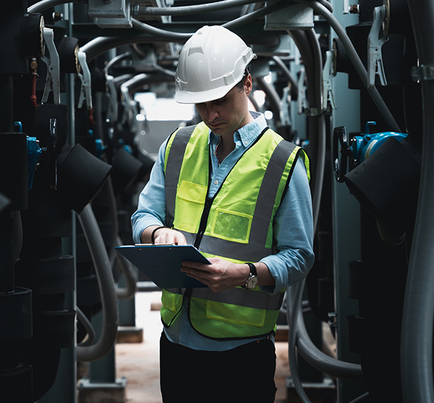 Engineers are inspecting a large building or industrial facility's cooling system for the air conditioning.